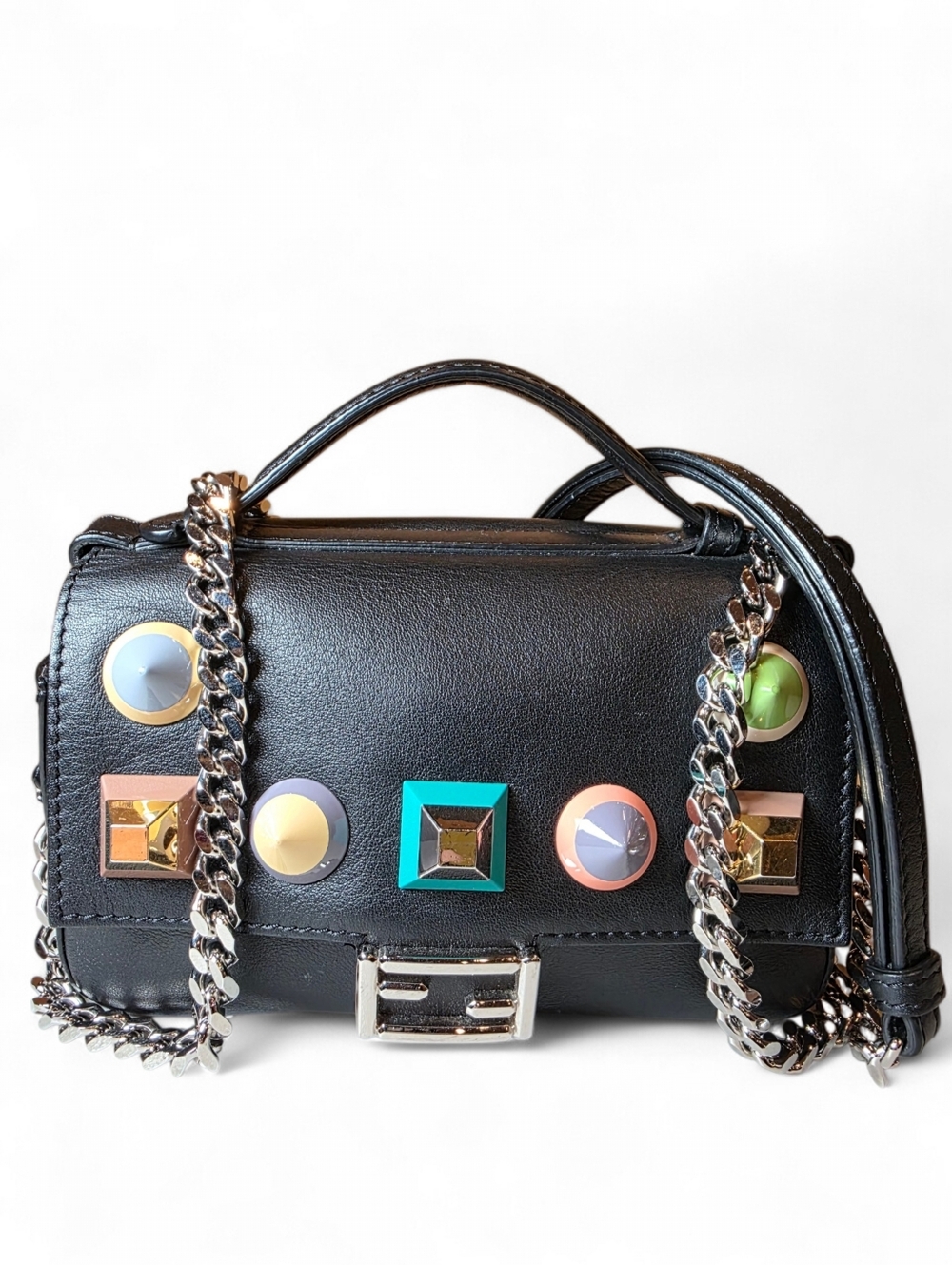Fendi Black Mini Bag with Multicolor Studs and Silver Chain